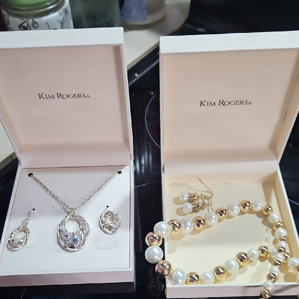 Kim Rogers Silver Necklace/Earring Set with Gold Pearl Necklace/Earring Set